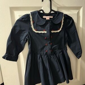 Navy Blue Kids Casual Dress with Lace Trim